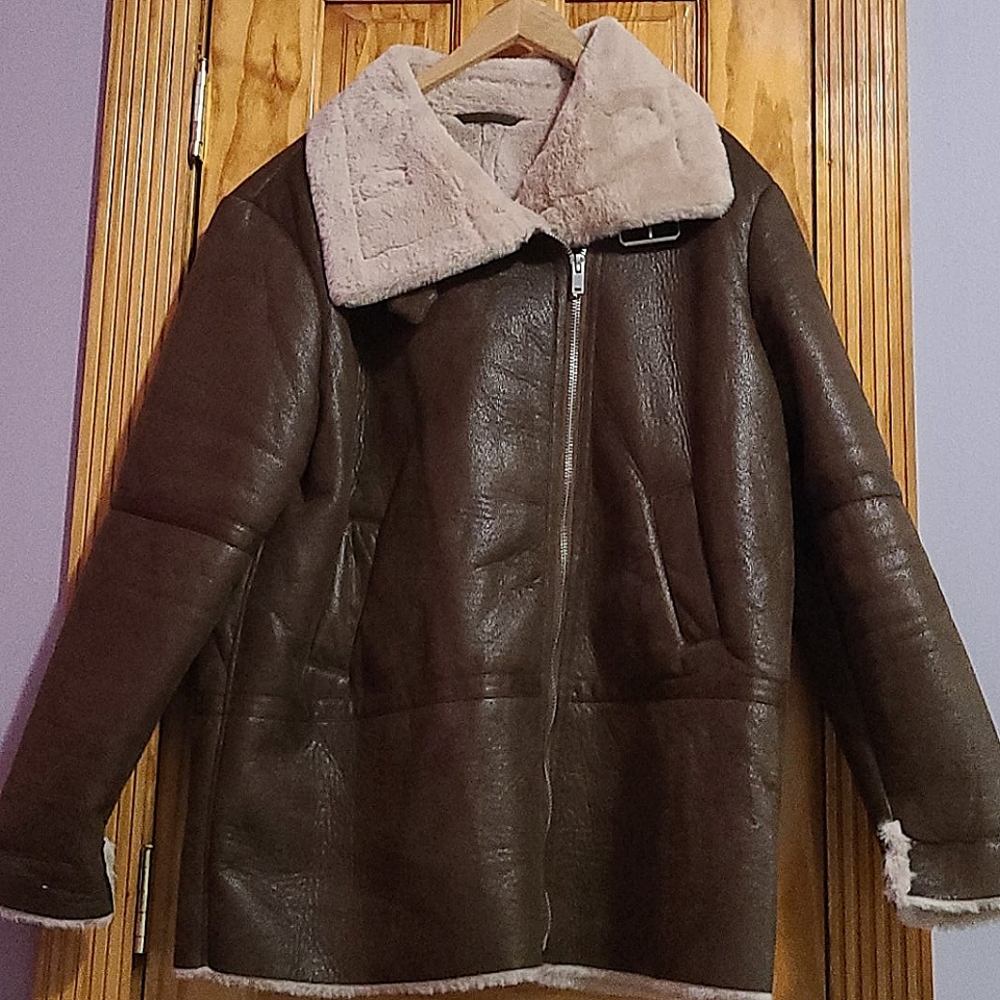 Brown faux leather coat with faux fur lining
